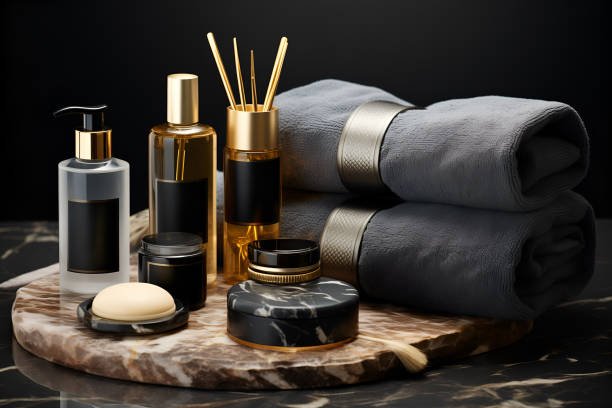 Flat lay of luxury perfumes, plush white towels, and elegant accessories arranged aesthetically to showcase affordable luxury lifestyle essentials.