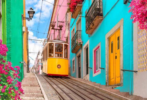 Yellow Bica tram descending a steep street in Chiado, Lisbon, with colorful houses and flower-filled balconies on both sides
