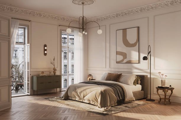 3D rendered old-style bedroom with balcony access.