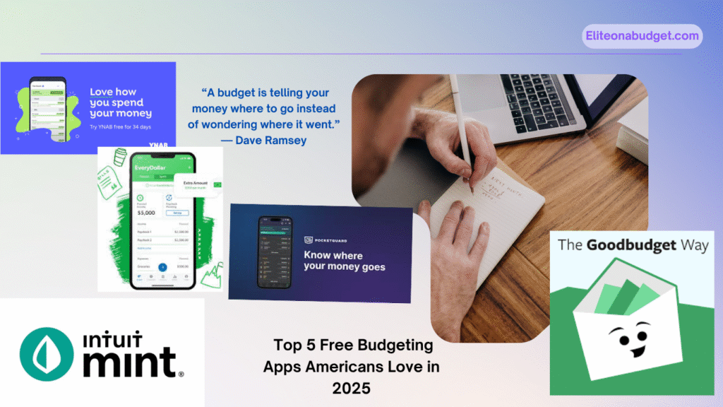 Infographic showing five ways budgeting apps help users save money in 2025, including features like real-time expense tracking, automatic bill reminders, and goal setting.