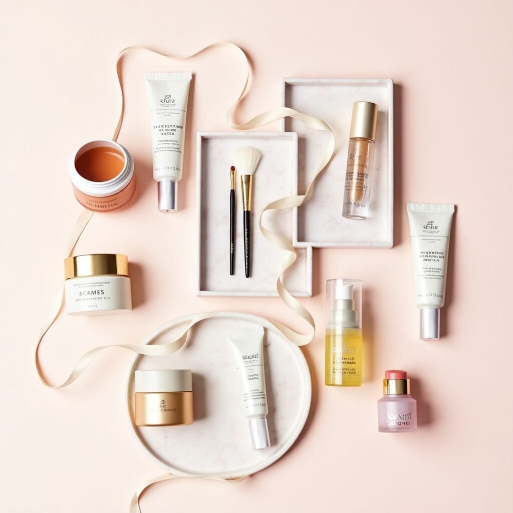 An elegant flat lay of products representing the best Amazon beauty gift sets, featuring creams, serums, makeup brushes, and foundation arranged with a ribbon on a pink background.