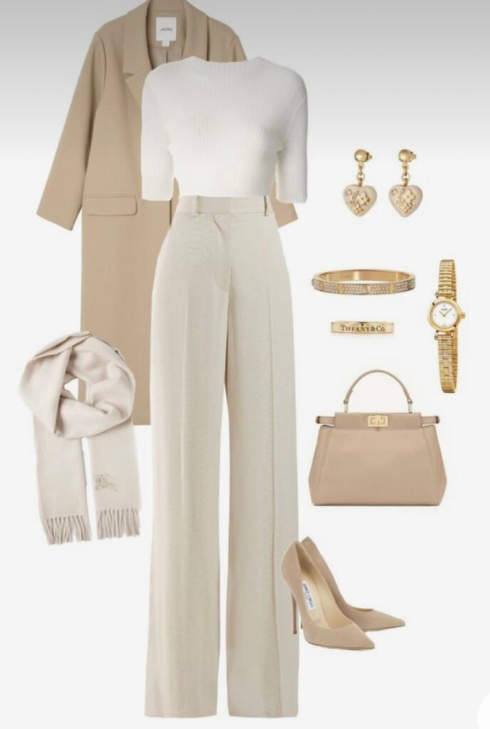 Old money style outfit with tailored pants, elegant top, and classic jewelry.