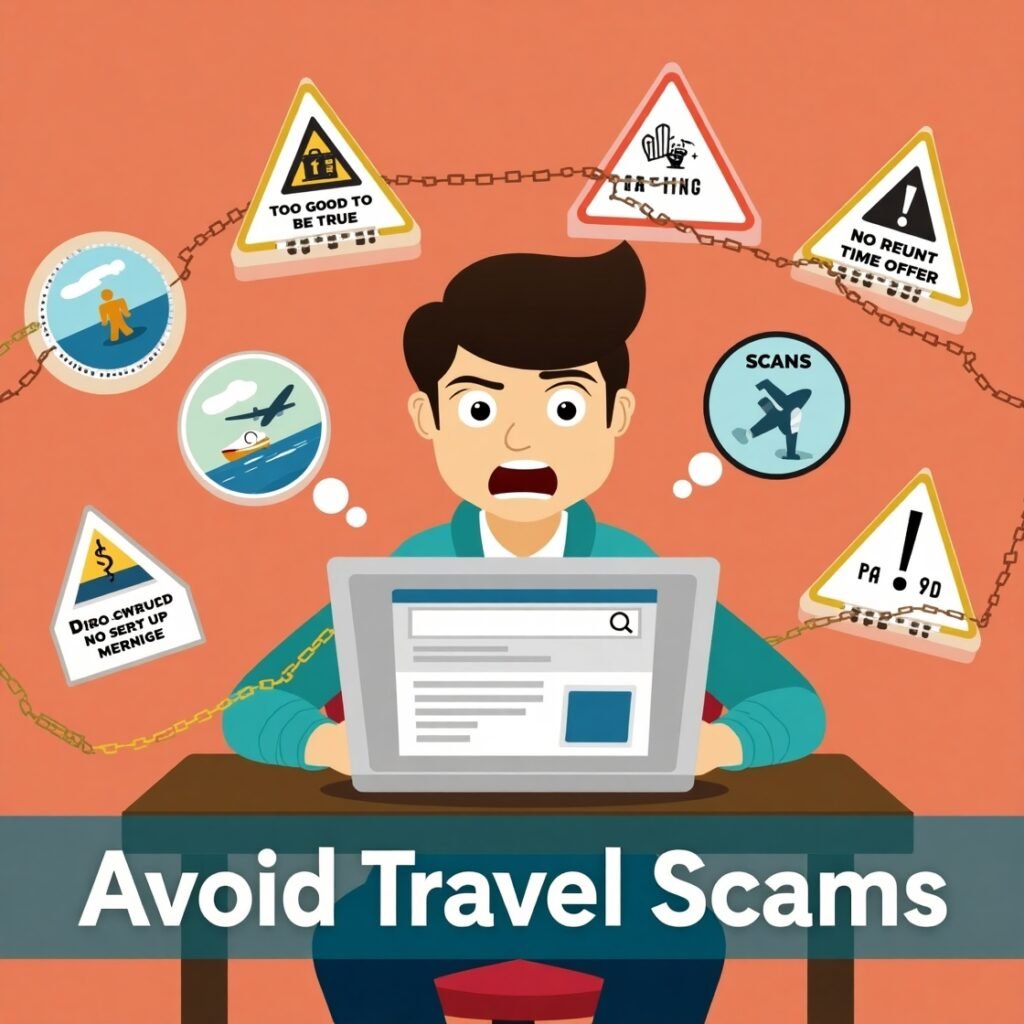 a cartoon of a man sitting at a desk with a laptop and thinking about sings of travel scams