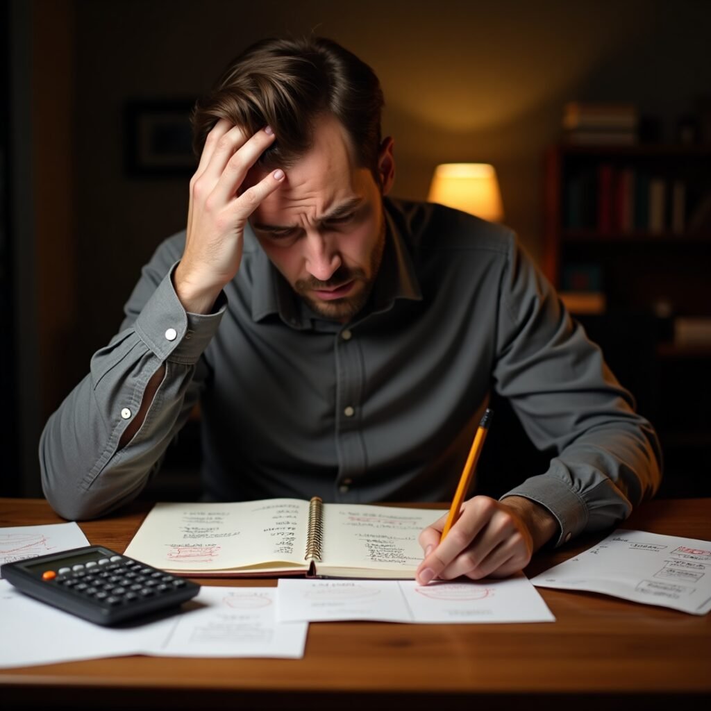 An anxious man sits at a desk with a notebook, pencil, and calculator, struggling to fix a budgeting mistake.