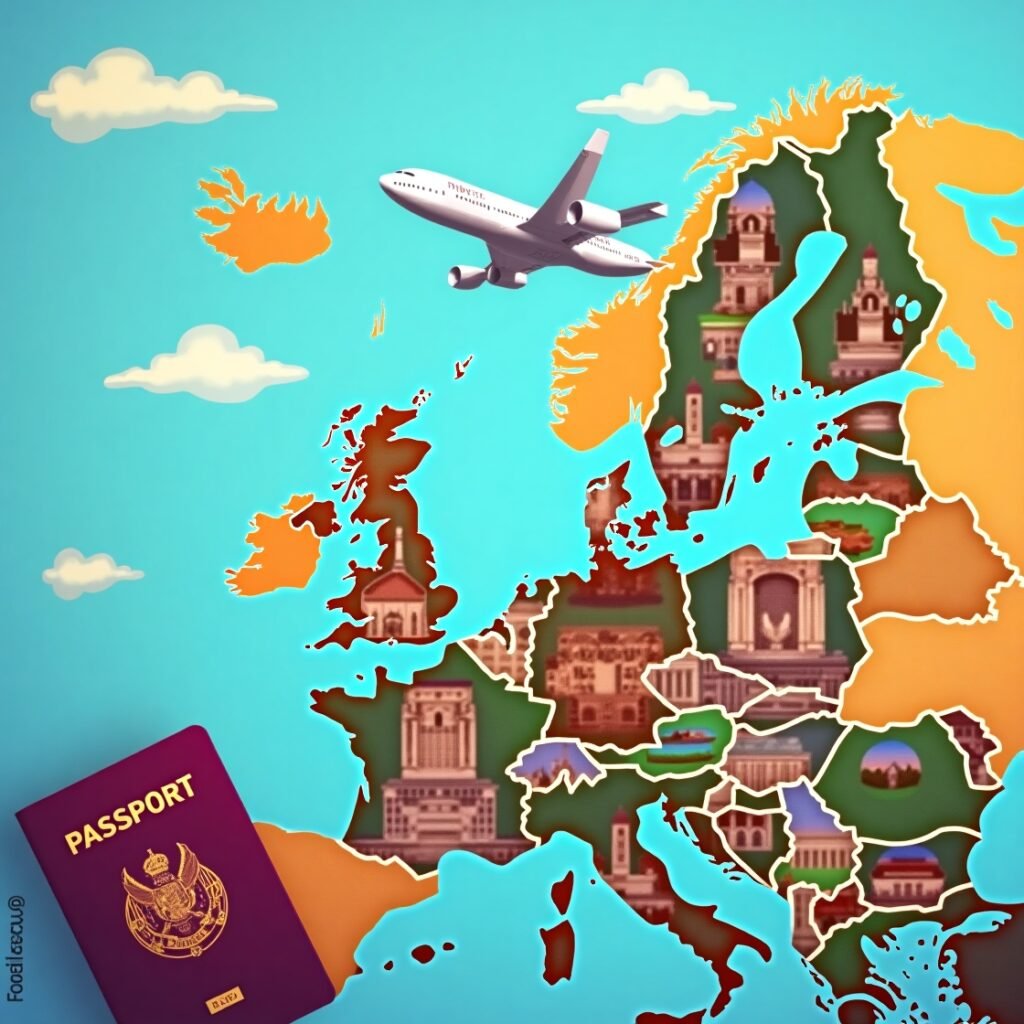 Map of Europe with landmarks from budget-friendly cities, airplane, U.S. passport, and travel symbols representing “Explore Europe Cheap” theme