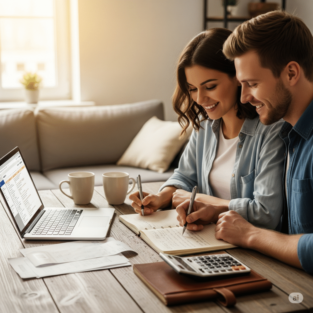 Couple sitting at a table budgeting together with a laptop, notebook, and calculator in a cozy home setting