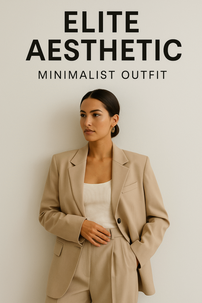 Woman in beige blazer and white top showing elite minimalist style.