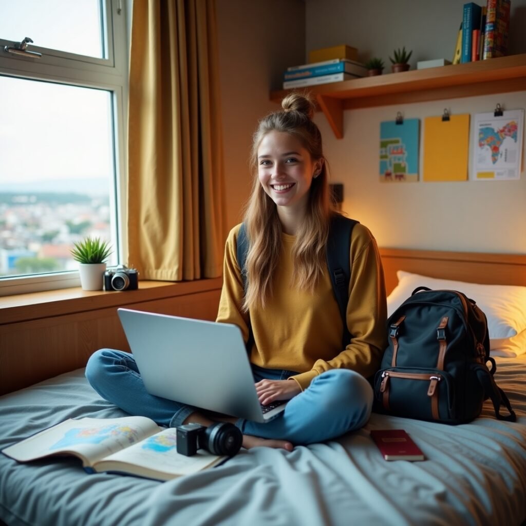 A young woman with blonde hair in a bun smiles while sitting cross-legged on a bed in what appears to be a hostel or dorm room. She is wearing a yellow sweater and jeans, holding a laptop on her lap. Beside her on the bed are a black backpack, a book with a map, a camera, and a smartphone, suggesting she is planning her travels.