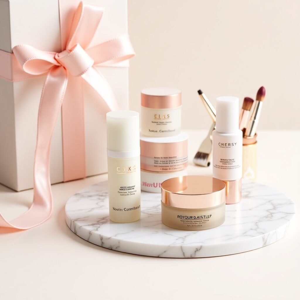 A luxurious arrangement representing the best Amazon beauty gift sets, with several elegant jars and bottles of skincare on a marble tray in front of a white gift box tied with a large pink ribbon.