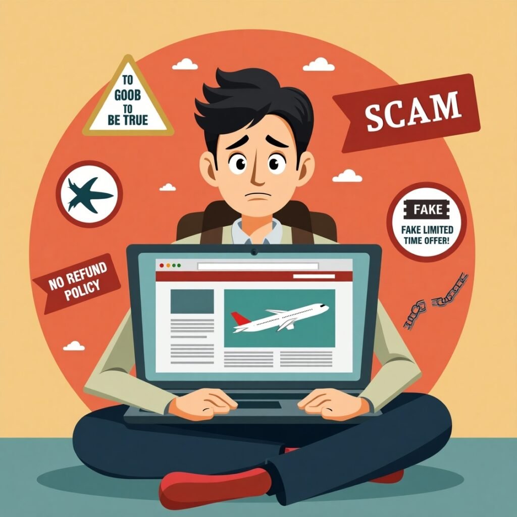 Travel scam signs: worried man at laptop.
