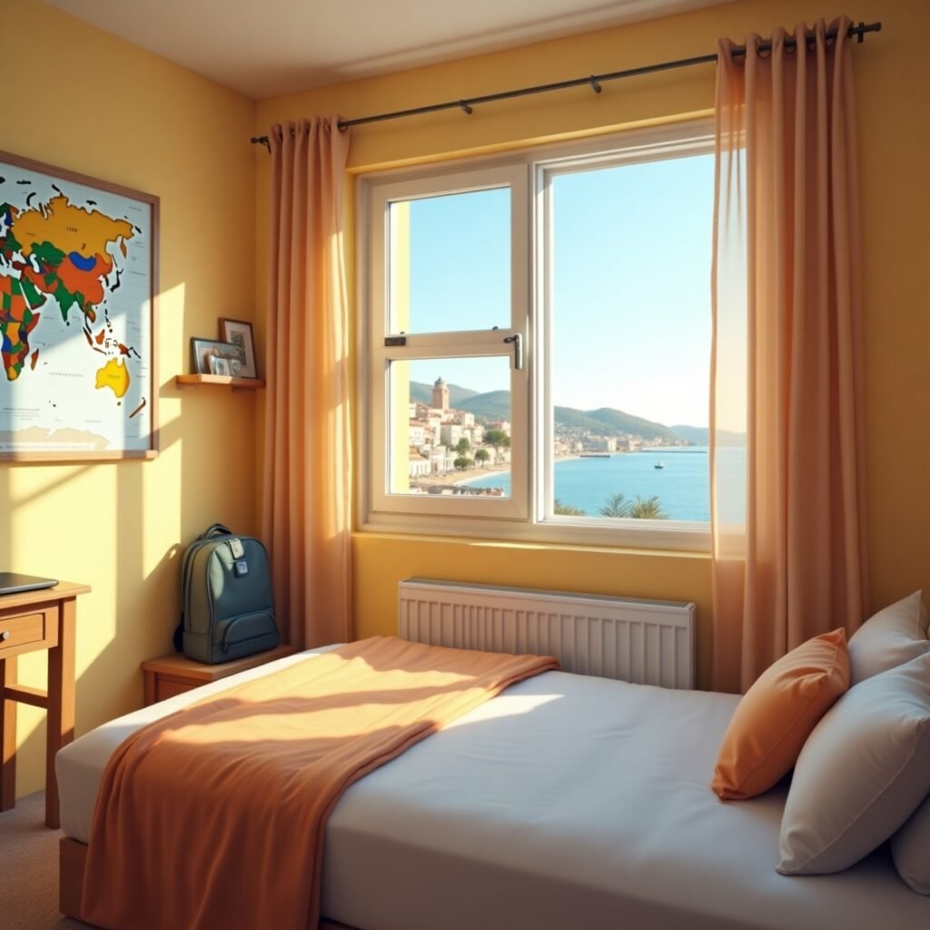 A sunlit, cozy room representing cheap accommodations while traveling, featuring a world map, a backpack, and a window with a stunning view of a coastal city and the ocean.