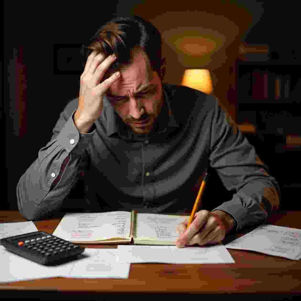 A stressed man with his hand on his head works on his budget at a desk at night, surrounded by papers and a calculator, looking worried about his finances.