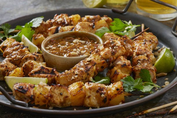 chicken skewers on a platter