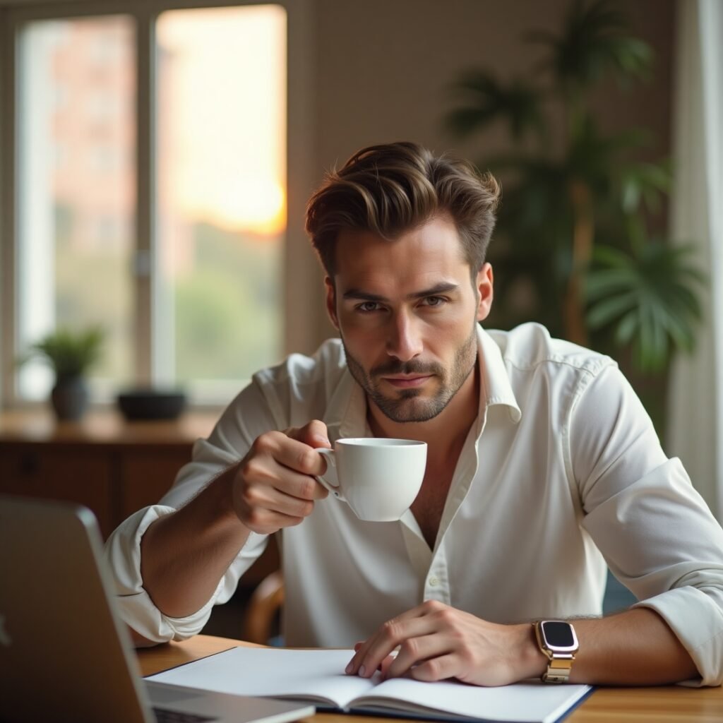 A man at his desk with coffee, representing Brandon Sklenar's focused daily routine and elite habits.