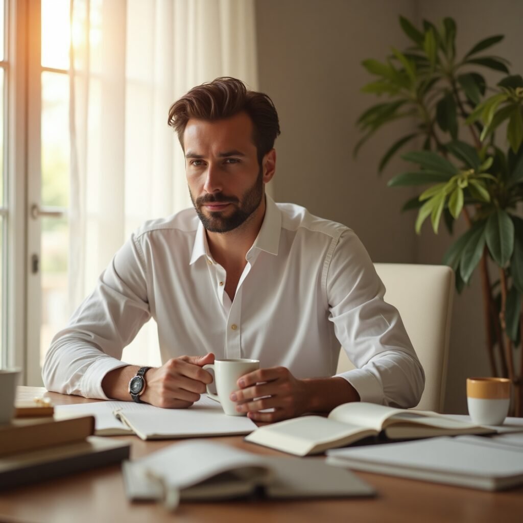 A focused man with a coffee cup, representing the intentional daily routine inspired by Brandon Sklenar.