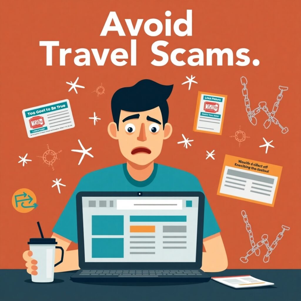 An illustration of a worried man at his laptop, overwhelmed by signs of travel scams like "Too Cool to Be True" offers and suspicious documents.