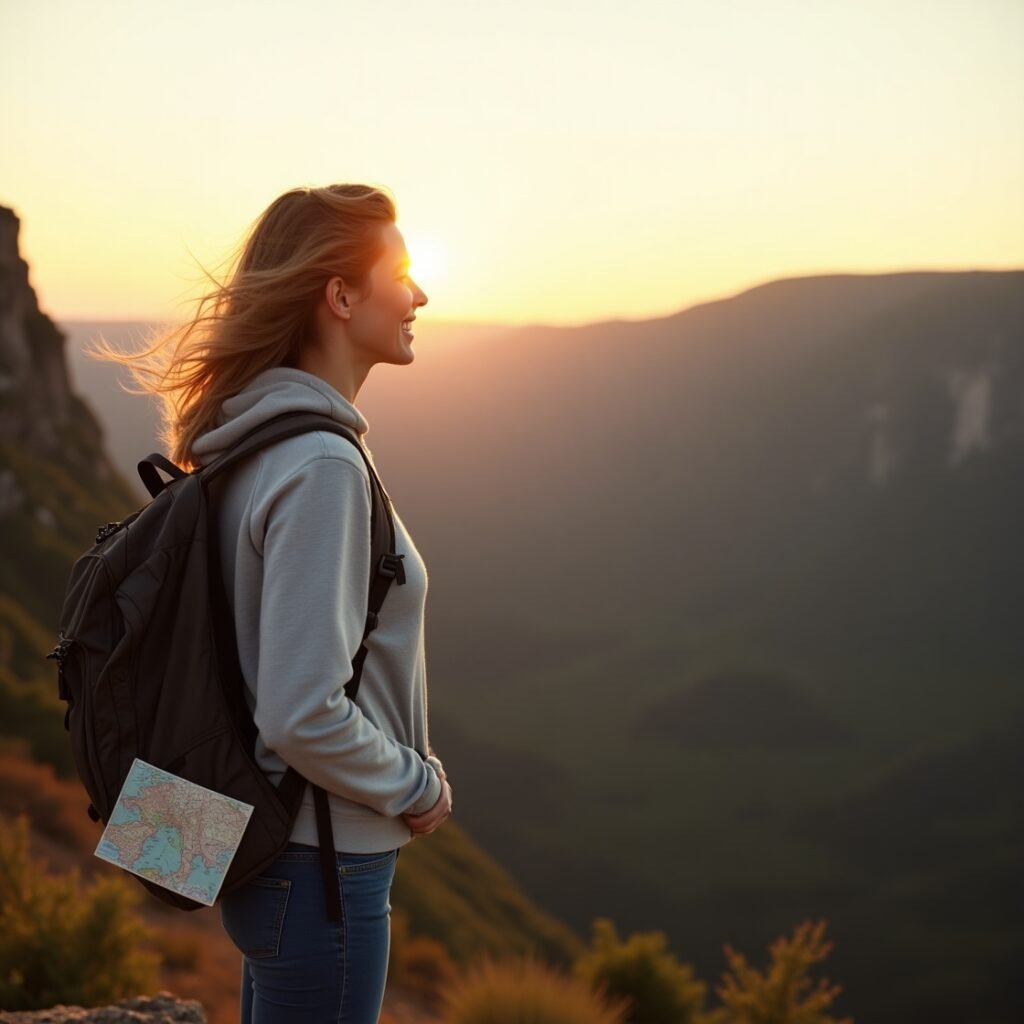 A solo female traveler with a backpack stands on a mountaintop, smiling as she looks out at the sunset over a valley.