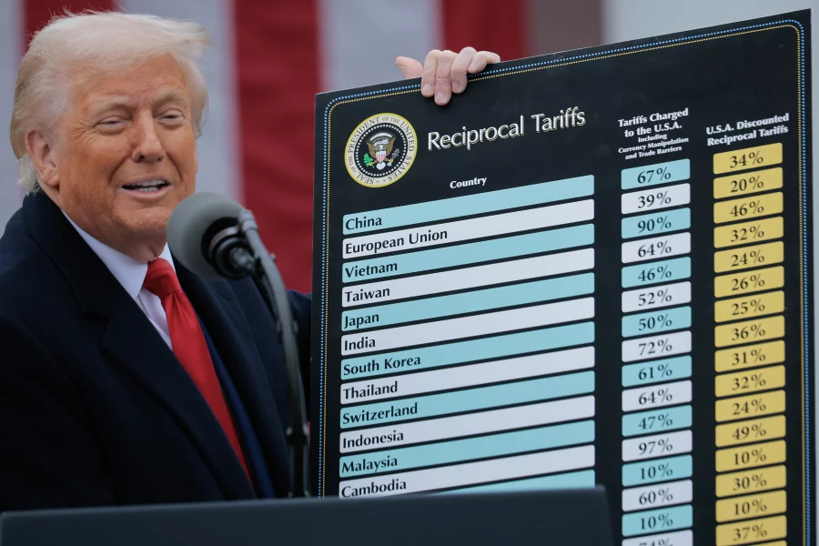 Trump displays tariff chart impacting import prices—key to luxury dining on a budget.
