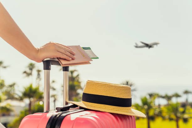 A close-up of a traveler's hand holding a passport on top of a pink suitcase. A straw hat rests beside it, with an airplane flying in the bright, sunny sky in the background, suggesting a vacation setting.