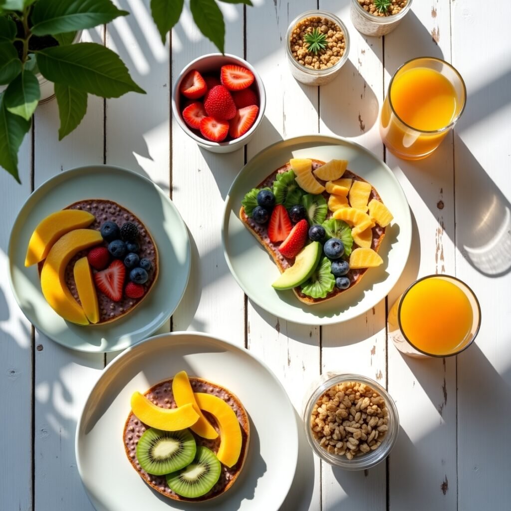 Overhead view of a healthy summer breakfast on a white wooden table, featuring toast with fruit spread, sliced mango, kiwi, and berries, plus glasses of orange juice and bowls of granola