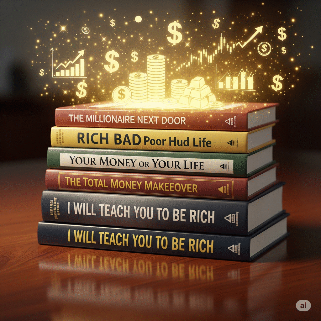 A stack of popular Personal Finance Books sits on a wooden table. Glowing gold icons, including dollar signs, coins, and stock charts, magically float up from the books, symbolizing the wealth-building knowledge contained within these books.