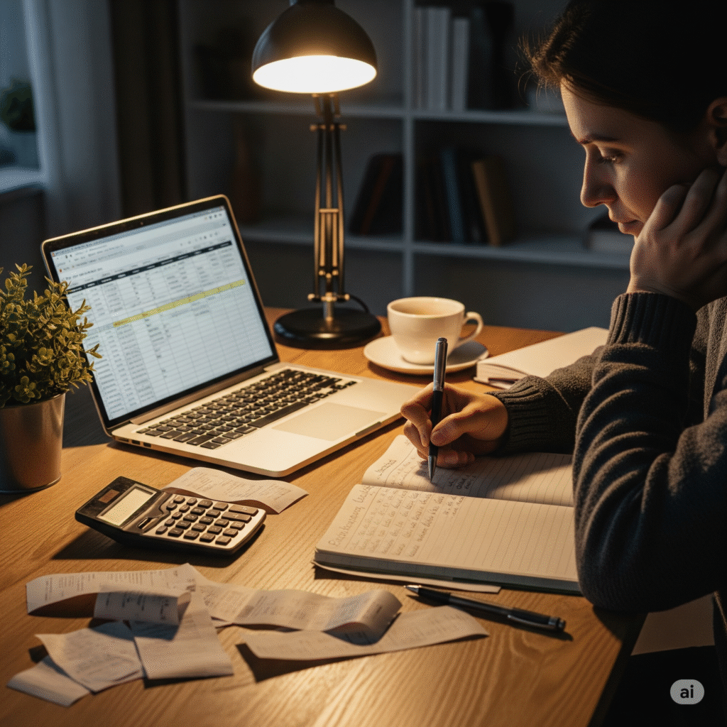 A person is thoughtfully reviewing a budget spreadsheet on a laptop and taking notes in a notebook at a desk illuminated by a lamp, surrounded by receipts and a calculator, illustrating the process of analyzing finances to determine how to cut expenses.