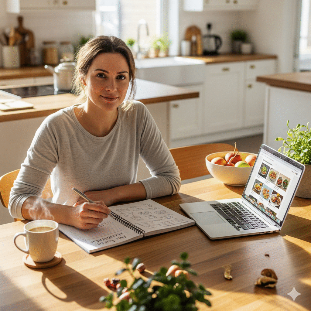 A smiling woman sits at a bright kitchen table, writing in a notebook to plan a party menu. A laptop displaying recipe ideas, a steaming mug, and a bowl of fruit are also on the table, emphasizing a calm and organized approach to party preparation.
