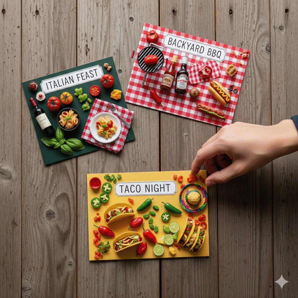 party manue A flat lay showing a hand choosing a 'Taco Night' theme from several party mood boards, a crucial step in planning a Stress-Free Party Menu. The other options shown are 'Italian Feast' and 'Backyard BBQ'.