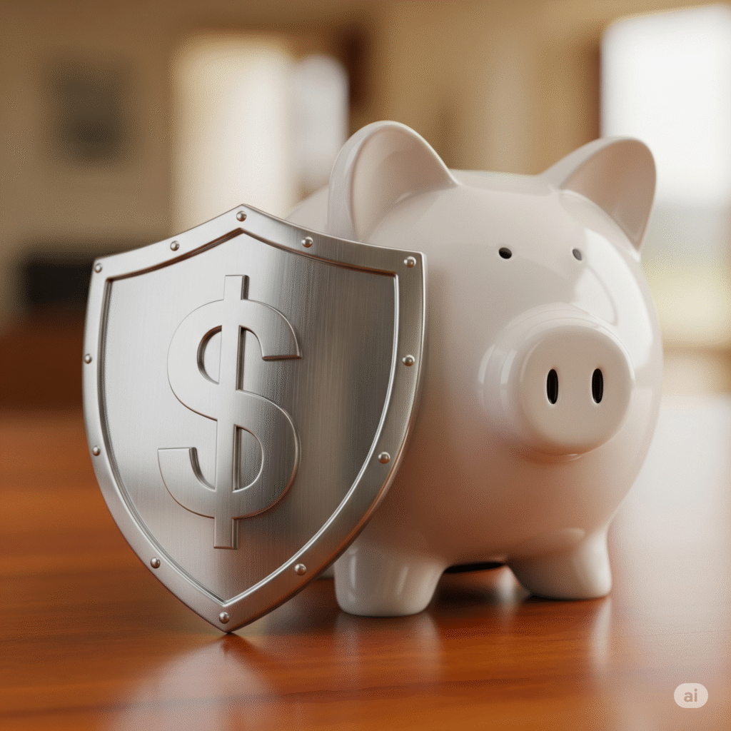 A smiling pink piggy bank sits on a wooden desk, symbolizing savings. In front of it is a shield with a dollar sign, representing protection, and a brass key with a tag that reads 'Emergency Fund,' signifying access to financial security.