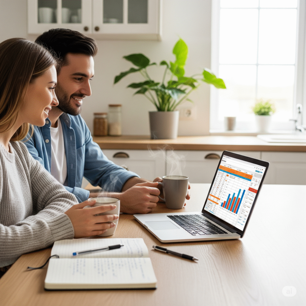 A smiling young couple sits together at a wooden table, looking at a laptop displaying financial charts. They are holding coffee mugs and have notebooks open, creating a positive and collaborative atmosphere for managing their money.
