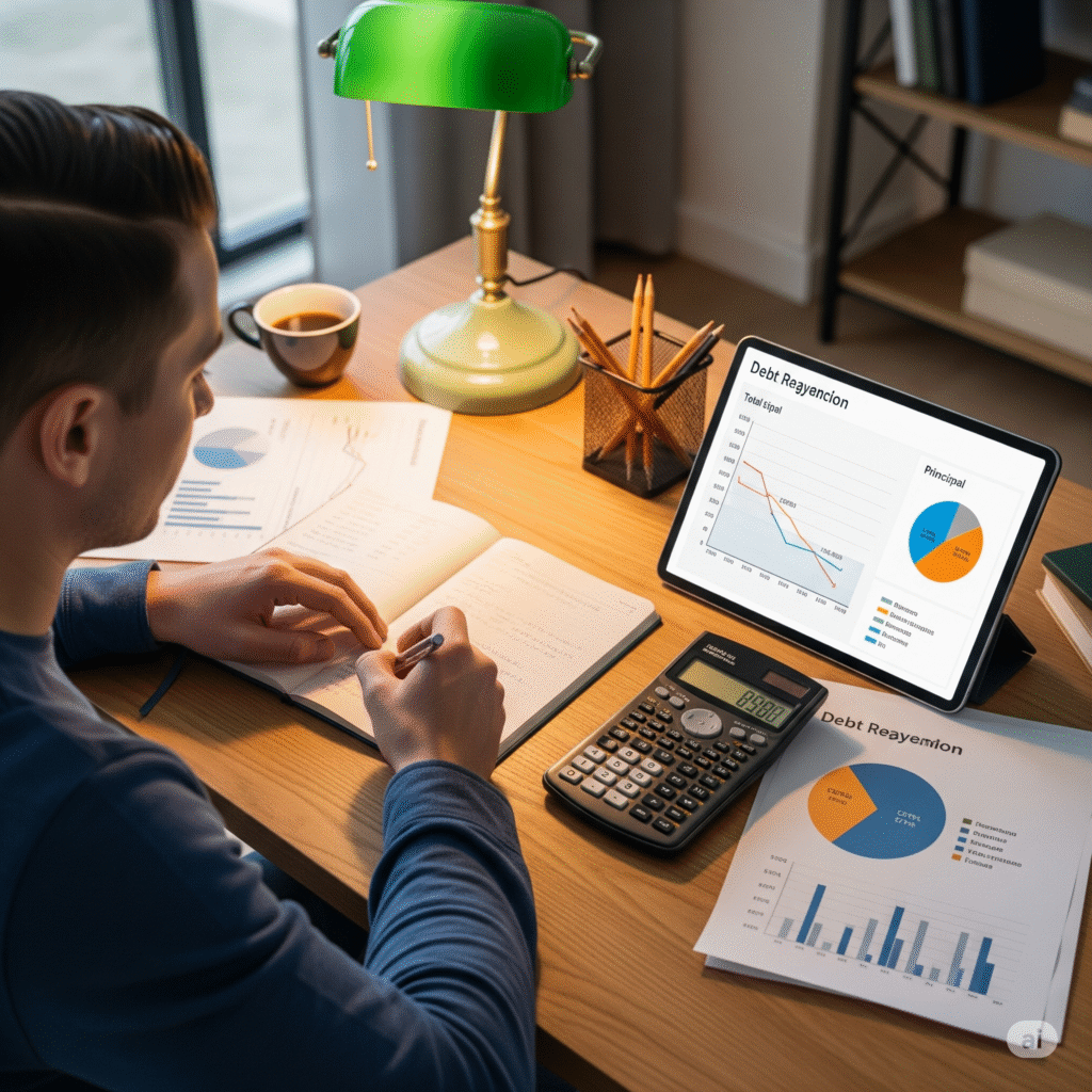 A person sits at a desk with a calculator, a notebook, and a tablet, actively working on creating their debt repayment plan.