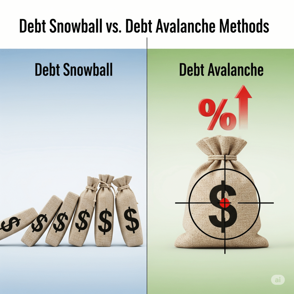 A split-image comparing the Debt Snowball vs. Debt Avalanche Methods, showing the Snowball as domino-like money bags and the Avalanche as targeting the highest-interest debt.