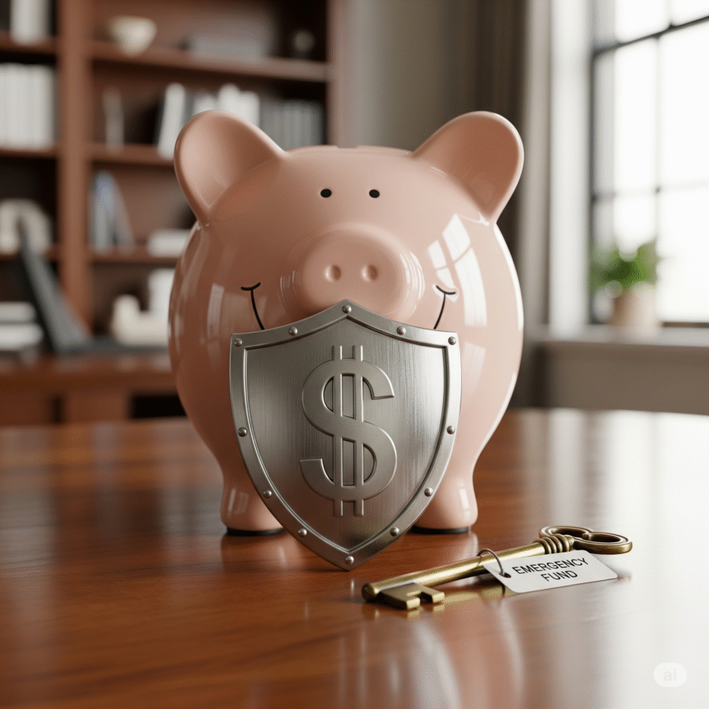 A pink piggy bank on a wooden desk with a silver shield bearing a dollar sign leaning against it. A brass key with a tag that reads "EMERGENCY FUND" rests beside it