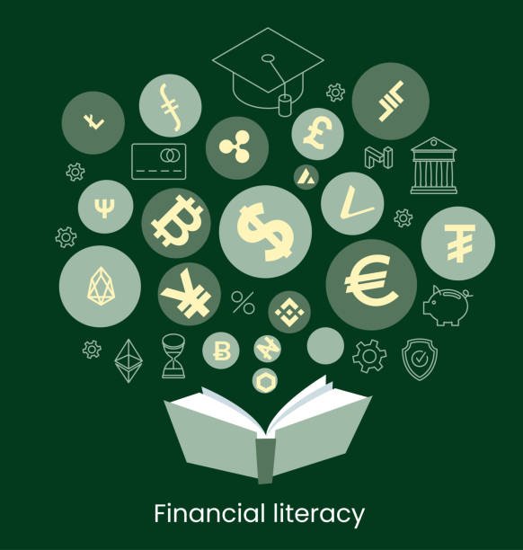 Personal Finance Books Open book with financial icons rising, representing financial literacy