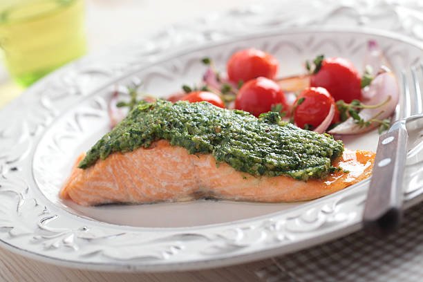 Pesto Salmon with Cherry Tomatoes