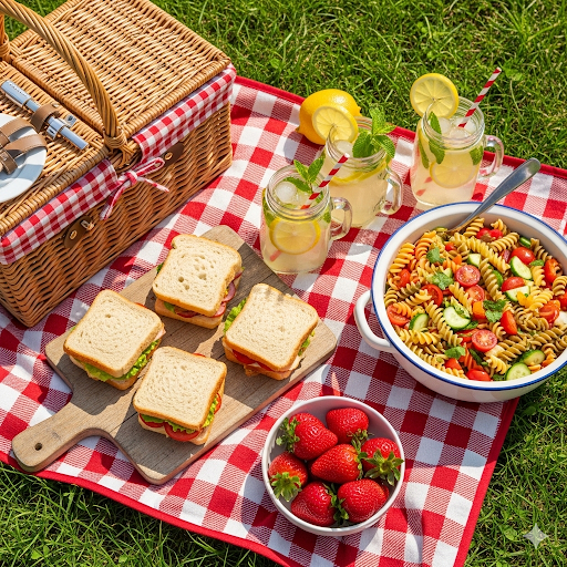 An inviting spread of budget picnic meals on a red and white checkered blanket, including a wicker basket, homemade sandwiches, a large pasta salad, and fresh strawberries.