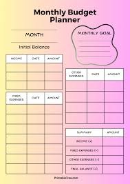 A printable monthly budget planner template with a yellow and pink gradient background. It includes sections for income, fixed expenses, other expenses, a monthly goal, and a summary table to calculate the final balance.