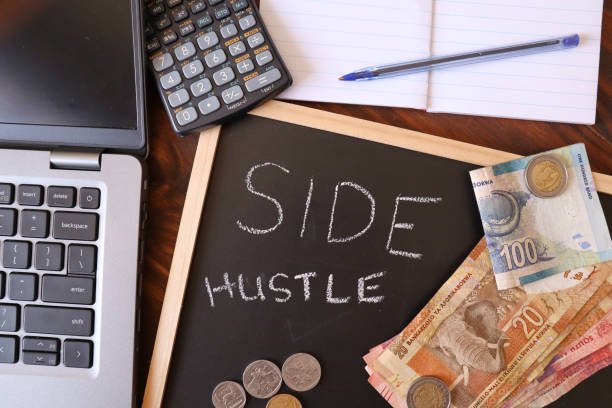laptop, calculator and write side hustle for showing side hustle to improve personal finance