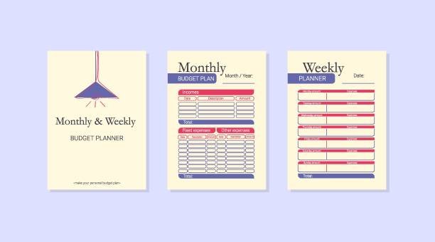 A digital template of a monthly and weekly budget planner. The image displays a cover page, a monthly budget sheet with income and expense categories, and a weekly planner sheet broken down by day.