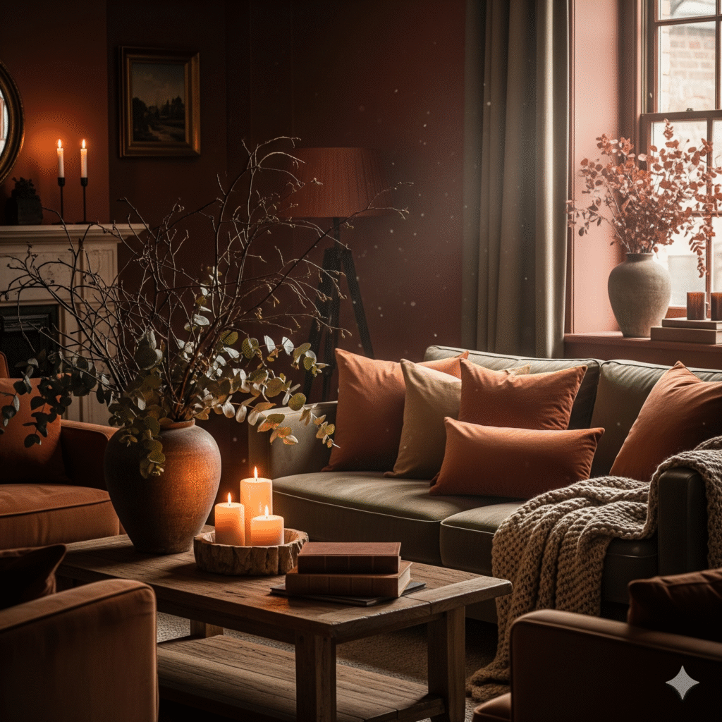 "A cozy living room styled for fall, featuring rich, warm tones. A dark olive green sofa is adorned with rust-colored velvet pillows and a chunky knit throw. In the foreground, a rustic wooden coffee table holds a large earthenware vase filled with autumnal branches and three glowing pillar candles. The walls are a deep terracotta, and a warm lamp provides soft ambient lighting. The overall scene evokes a sense of luxurious comfort and sophisticated fall decor.