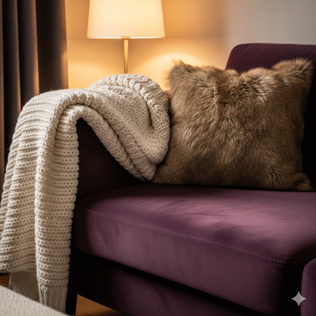 fall decor A close-up of a luxurious plum velvet sofa, styled to make home look expensive for fall. A thick, cream-colored chunky knit throw drapes over the arm, and a fluffy faux fur pillow rests on the seat, showcasing sumptuous, tactile textiles and inviting warmth.