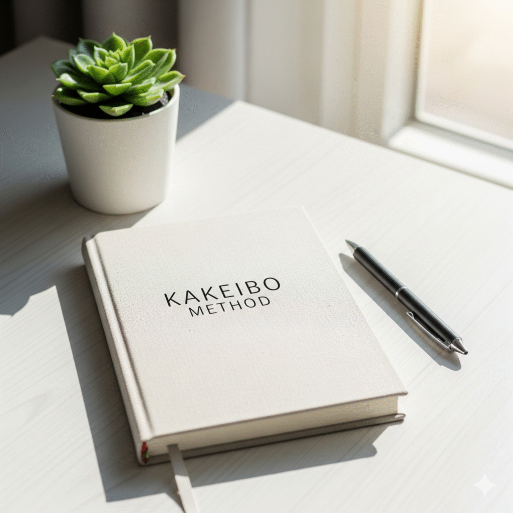 A notebook with 'Kakeibo Method' written on the cover sits on a sunlit desk next to a pen and a small succulent plant, representing the Kakeibo budgeting method.