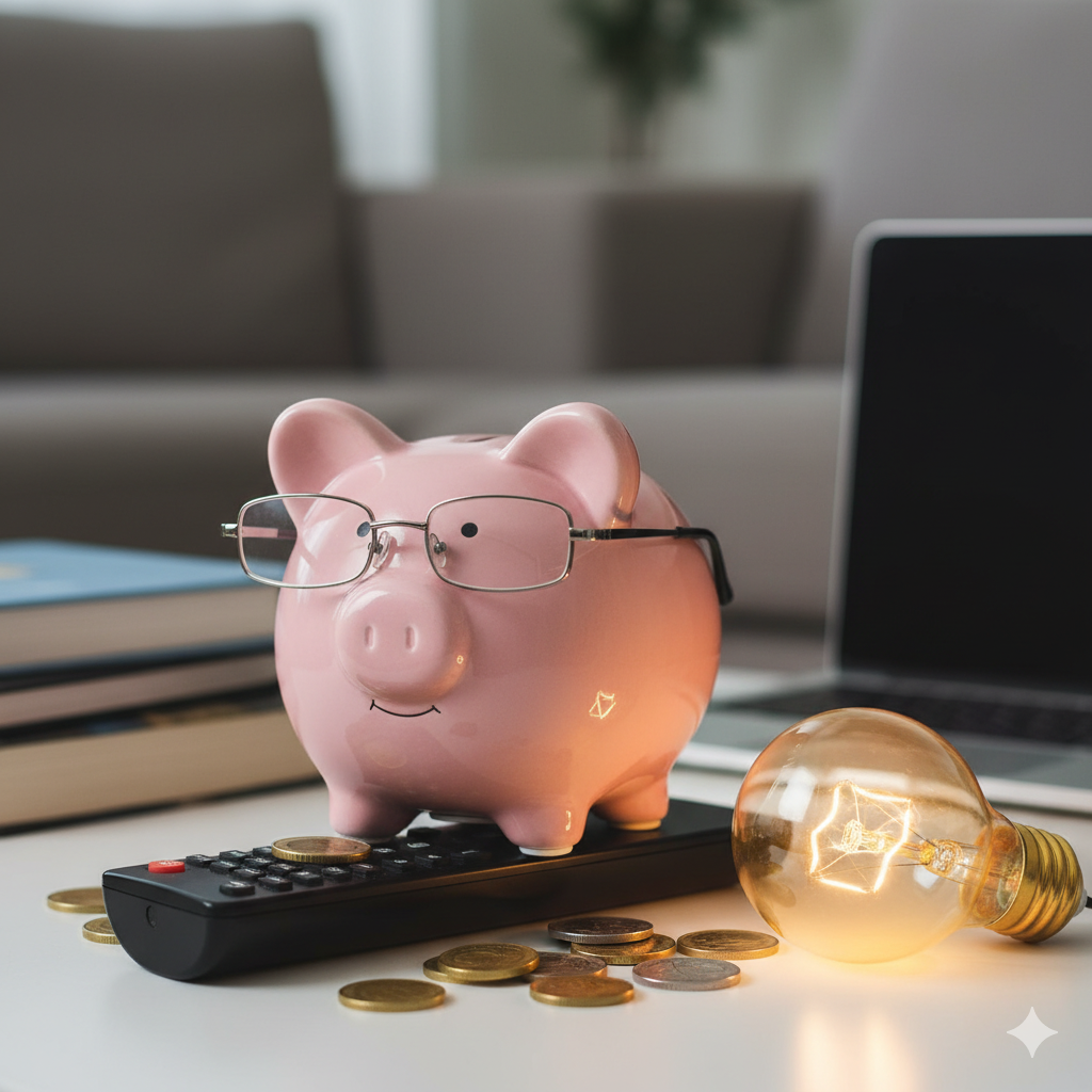 A piggy bank with glasses, coins, and a lightbulb symbolizing bright ideas and actionable ways to lower your monthly bills on utilities and entertainment.