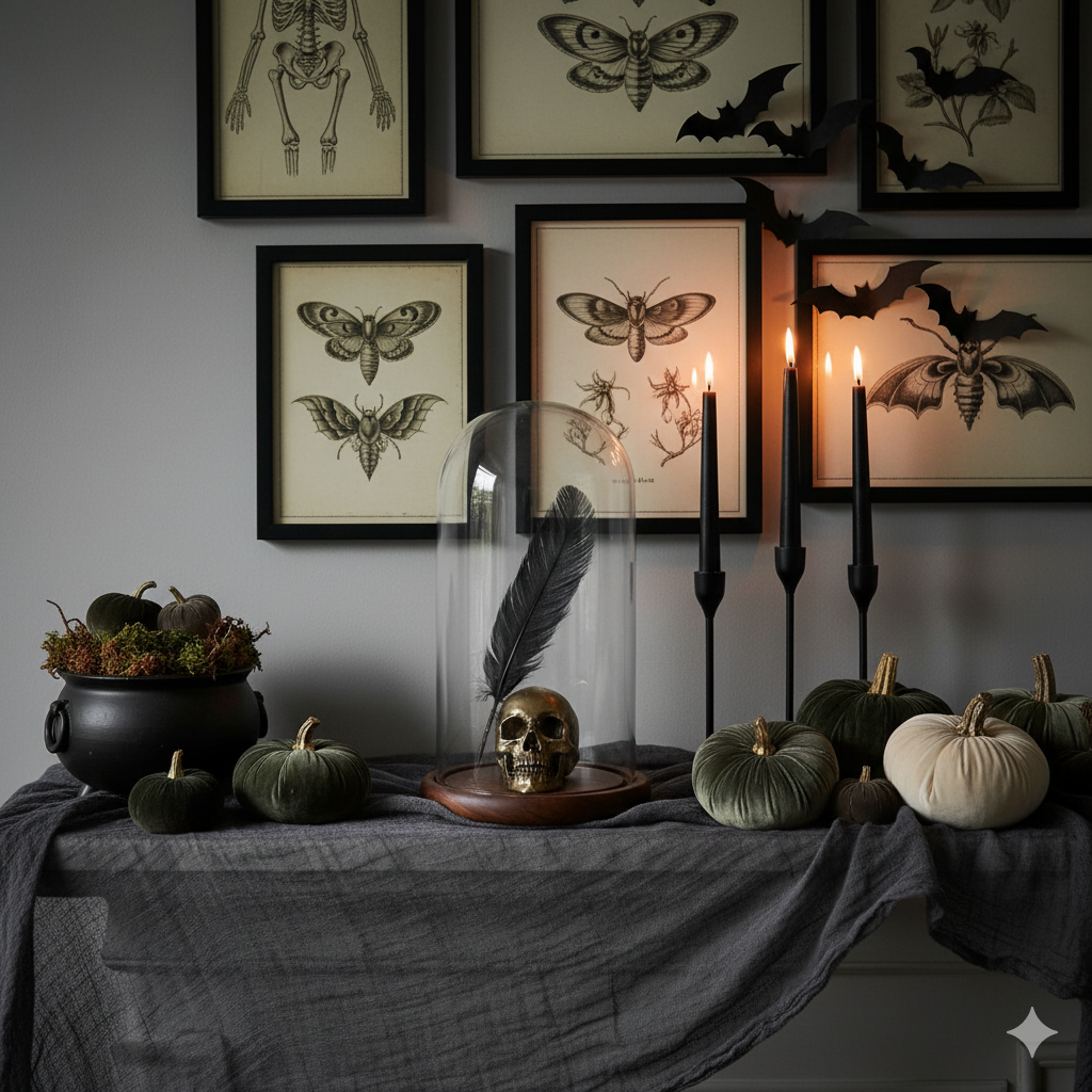 A chic Halloween decor display featuring framed vintage-inspired moth prints, matte black taper candles, velvet pumpkins in muted tones, and a glass cloche with a gold skull and black feather, embodying high-end Halloween decor dupes.