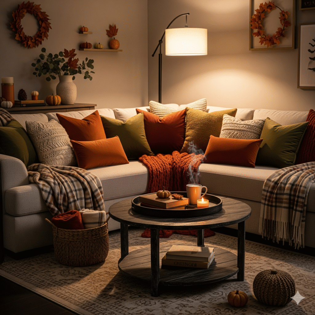An inviting and cozy living room decorated for fall, featuring a plush sofa with layered blankets and pillows under warm ambient light, creating a sense of affordable luxury.