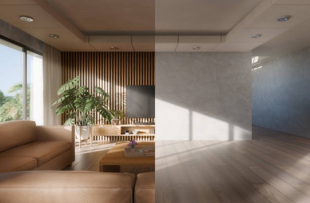 Visualizing anthe $100 Apartment Makeover: Left side shows a beautifully decorated living room, right side shows the empty, unstyled room before transformation.