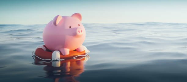  A pink piggy bank floating in the ocean on a red and white life preserver, symbolizing the role of an Emergency Fund as financial rescue or safety.