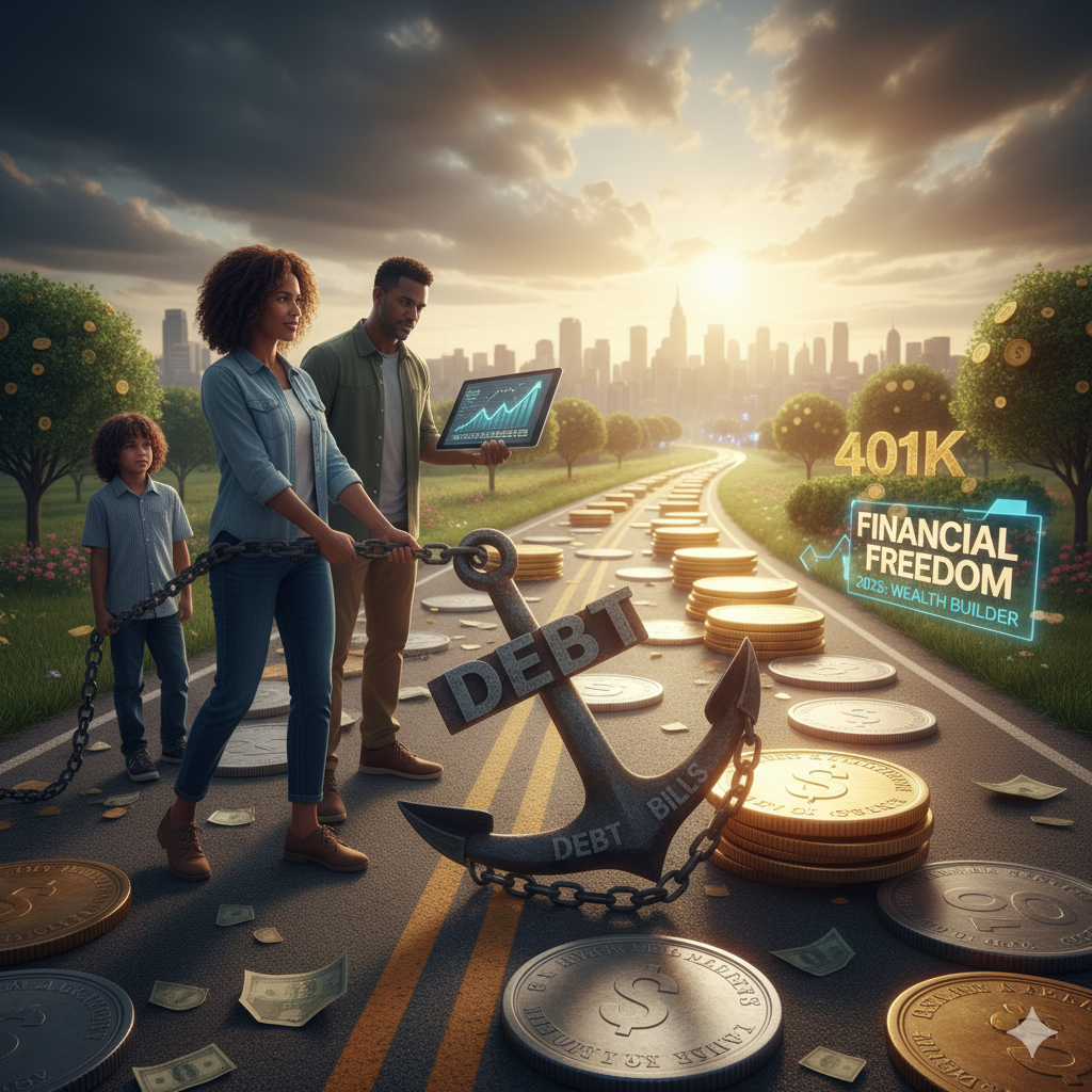 A symbolic image representing the journey to financial freedom. A multi-ethnic family, including a man, woman, and young child, pulls a large metal anchor labeled "DEBT" along a road paved with US coins, struggling but moving forward toward a bright, sunlit city skyline. In the distance, a glowing digital graphic reads "FINANCIAL FREEDOM 2025" and "401K," symbolizing the goal of wealth building.
