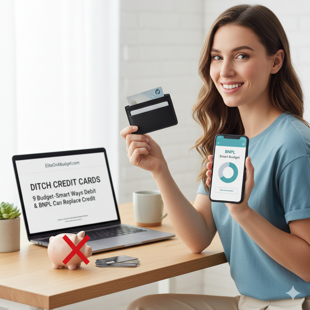 Smiling woman holds a debit card and a smartphone displaying a BNPL budgeting app, with a laptop showing an article titled 'Ditch Credit Cards' and a piggy bank with an 'X' symbol. This image illustrates smart ways to manage a budget without credit cards.