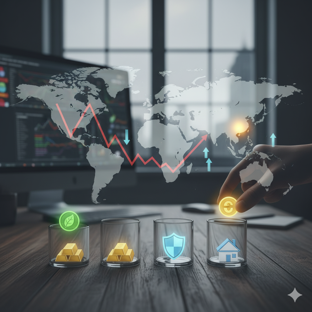 A hand places a coin into a glass representing diverse investments like gold, a shield for safe assets, and a house for real estate, against a backdrop of a global map with downward and upward trend arrows on a computer screen, symbolizing Investing During a Global Slowdown: Where to Put Your Money.